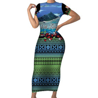 Personalised Fiji Viti Levu Short Sleeve Bodycon Dress Tagimoucia and Tapa Tribal Pattern LT9 Long Dress Blue - Polynesian Pride
