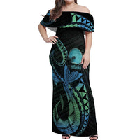 Personalised Hawaii Kure Atoll Off Shoulder Maxi Dress Holaniku Coral Reef with Polynesian Tribal LT9 Women Blue - Polynesian Pride