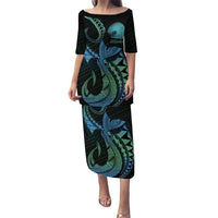 Personalised Hawaii Kure Atoll Puletasi Holaniku Coral Reef with Polynesian Tribal LT9 Long Dress Blue - Polynesian Pride
