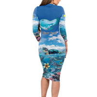 Personalised Palau Kayangel Atoll Long Sleeve Bodycon Dress Turtle With Coral Reef Under Water