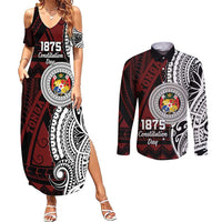 Personalised Tonga Constitution Day 1875 Couples Matching Summer Maxi Dress and Long Sleeve Button Shirt Polynesian Tribal Tattoo LT9 Red - Polynesian Pride