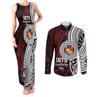 Personalised Tonga Constitution Day 1875 Couples Matching Tank Maxi Dress and Long Sleeve Button Shirt Polynesian Tribal Tattoo LT9 Red - Polynesian Pride