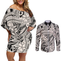 Polynesia Couples Matching Off Shoulder Short Dress and Long Sleeve Button Shirt Tribal Polynesian Spirit With Beige Pacific Flowers LT9 Beige - Polynesian Pride