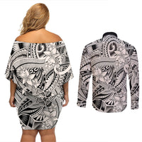Polynesia Couples Matching Off Shoulder Short Dress and Long Sleeve Button Shirt Tribal Polynesian Spirit With Beige Pacific Flowers LT9 - Polynesian Pride