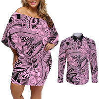 Polynesia Couples Matching Off Shoulder Short Dress and Long Sleeve Button Shirt Tribal Polynesian Spirit With Pink Pacific Flowers LT9 Pink - Polynesian Pride