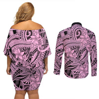 Polynesia Couples Matching Off Shoulder Short Dress and Long Sleeve Button Shirt Tribal Polynesian Spirit With Pink Pacific Flowers LT9 - Polynesian Pride