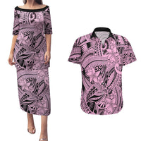 Polynesia Couples Matching Puletasi Dress and Hawaiian Shirt Tribal Polynesian Spirit With Pink Pacific Flowers LT9 Pink - Polynesian Pride