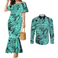 Polynesia Couples Matching Mermaid Dress and Long Sleeve Button Shirt Tribal Polynesian Spirit With Teal Pacific Flowers LT9 Teal - Polynesian Pride