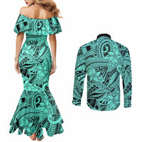 Polynesia Couples Matching Mermaid Dress and Long Sleeve Button Shirt Tribal Polynesian Spirit With Teal Pacific Flowers LT9 - Polynesian Pride