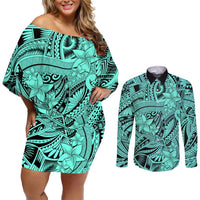 Polynesia Couples Matching Off Shoulder Short Dress and Long Sleeve Button Shirt Tribal Polynesian Spirit With Teal Pacific Flowers LT9 Teal - Polynesian Pride
