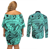 Polynesia Couples Matching Off Shoulder Short Dress and Long Sleeve Button Shirt Tribal Polynesian Spirit With Teal Pacific Flowers LT9 - Polynesian Pride