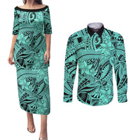 Polynesia Couples Matching Puletasi Dress and Long Sleeve Button Shirt Tribal Polynesian Spirit With Teal Pacific Flowers LT9 Teal - Polynesian Pride
