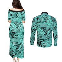Polynesia Couples Matching Puletasi Dress and Long Sleeve Button Shirt Tribal Polynesian Spirit With Teal Pacific Flowers LT9 - Polynesian Pride