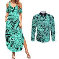 Polynesia Couples Matching Summer Maxi Dress and Long Sleeve Button Shirt Tribal Polynesian Spirit With Teal Pacific Flowers LT9 Teal - Polynesian Pride