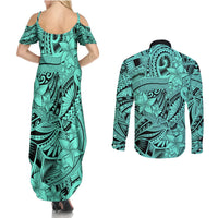 Polynesia Couples Matching Summer Maxi Dress and Long Sleeve Button Shirt Tribal Polynesian Spirit With Teal Pacific Flowers LT9 - Polynesian Pride
