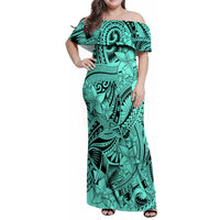 Polynesia Family Matching Off Shoulder Maxi Dress and Hawaiian Shirt Tribal Polynesian Spirit With Teal Pacific Flowers LT9 Mom's Dress Teal - Polynesian Pride