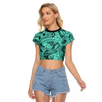 Polynesia Raglan Cropped T Shirt Tribal Polynesian Spirit With Teal Pacific Flowers LT9 Female Teal - Polynesian Pride