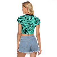 Polynesia Raglan Cropped T Shirt Tribal Polynesian Spirit With Teal Pacific Flowers LT9 - Polynesian Pride