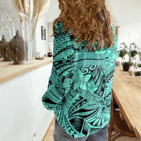 Polynesia Women Casual Shirt Tribal Polynesian Spirit With Teal Pacific Flowers LT9 - Polynesian Pride