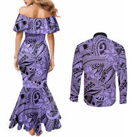 Polynesia Couples Matching Mermaid Dress and Long Sleeve Button Shirt Tribal Polynesian Spirit With Violet Pacific Flowers LT9 - Polynesian Pride