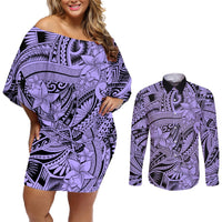 Polynesia Couples Matching Off Shoulder Short Dress and Long Sleeve Button Shirt Tribal Polynesian Spirit With Violet Pacific Flowers LT9 Violet - Polynesian Pride