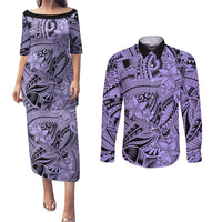 Polynesia Couples Matching Puletasi Dress and Long Sleeve Button Shirt Tribal Polynesian Spirit With Violet Pacific Flowers LT9 Violet - Polynesian Pride