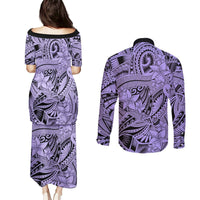 Polynesia Couples Matching Puletasi Dress and Long Sleeve Button Shirt Tribal Polynesian Spirit With Violet Pacific Flowers LT9 - Polynesian Pride