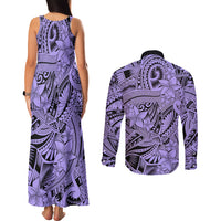 Polynesia Couples Matching Tank Maxi Dress and Long Sleeve Button Shirt Tribal Polynesian Spirit With Violet Pacific Flowers LT9 - Polynesian Pride