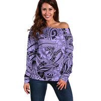 Polynesia Off Shoulder Sweater Tribal Polynesian Spirit With Violet Pacific Flowers LT9 Women Violet - Polynesian Pride