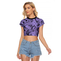 Polynesia Raglan Cropped T Shirt Tribal Polynesian Spirit With Violet Pacific Flowers LT9 Female Violet - Polynesian Pride