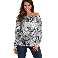 Polynesia Off Shoulder Sweater Tribal Polynesian Spirit With White Pacific Flowers LT9 Women White - Polynesian Pride