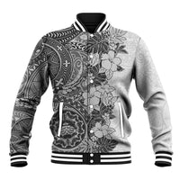 Polynesia Baseball Jacket Hibiscus and Hawaiian Tribal Tattoo Retro Style Gray Color LT9 Unisex Gray - Polynesian Pride