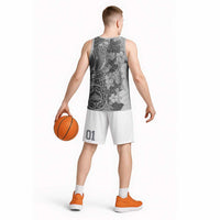 Polynesia Basketball Jersey Hibiscus Hawaiian Tribal Tattoo Retro Gray - Polynesian Pride