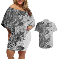 Polynesia Couples Matching Off Shoulder Short Dress and Hawaiian Shirt Hibiscus and Hawaiian Tribal Tattoo Retro Style Gray Color LT9 Gray - Polynesian Pride