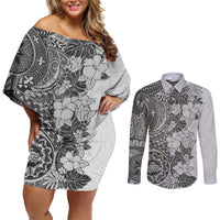 Polynesia Couples Matching Off Shoulder Short Dress and Long Sleeve Button Shirt Hibiscus and Hawaiian Tribal Tattoo Retro Style Gray Color LT9 Gray - Polynesian Pride