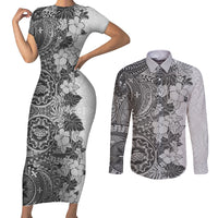 Polynesia Couples Matching Short Sleeve Bodycon Dress and Long Sleeve Button Shirt Hibiscus and Hawaiian Tribal Tattoo Retro Style Gray Color LT9 Gray - Polynesian Pride