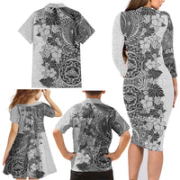 Polynesia Family Matching Long Sleeve Bodycon Dress and Hawaiian Shirt Hibiscus and Hawaiian Tribal Tattoo Retro Style Gray Color LT9 - Polynesian Pride