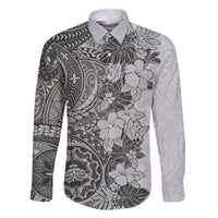 Polynesia Family Matching Off Shoulder Long Sleeve Dress and Hawaiian Shirt Hibiscus and Hawaiian Tribal Tattoo Retro Style Gray Color LT9 Dad's Shirt - Long Sleeve Gray - Polynesian Pride