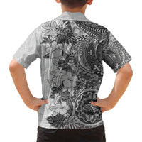 Polynesia Kid Hawaiian Shirt Hibiscus and Hawaiian Tribal Tattoo Retro Style Gray Color LT9 - Polynesian Pride