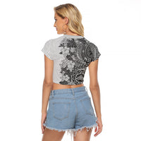 Polynesia Raglan Cropped T Shirt Hibiscus and Hawaiian Tribal Tattoo Retro Style Gray Color LT9 - Polynesian Pride