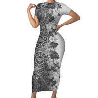 Polynesia Short Sleeve Bodycon Dress Hibiscus and Hawaiian Tribal Tattoo Retro Style Gray Color LT9 Long Dress Gray - Polynesian Pride