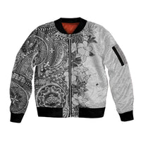 Polynesia Sleeve Zip Bomber Jacket Hibiscus and Hawaiian Tribal Tattoo Retro Style Gray Color LT9 Unisex Gray - Polynesian Pride