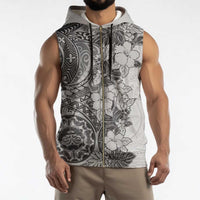 Polynesia Sleeveless Zip Hoodie Hibiscus Hawaiian Tribal Tattoo Retro Gray - Polynesian Pride