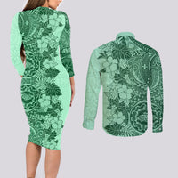 Polynesia Couples Matching Long Sleeve Bodycon Dress and Long Sleeve Button Shirt Hibiscus and Hawaiian Tribal Tattoo Retro Style Green Color LT9 - Polynesian Pride