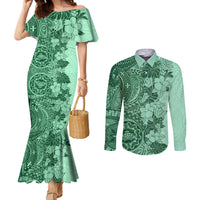 Polynesia Couples Matching Mermaid Dress and Long Sleeve Button Shirt Hibiscus and Hawaiian Tribal Tattoo Retro Style Green Color LT9 Green - Polynesian Pride