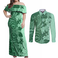 Polynesia Couples Matching Off Shoulder Maxi Dress and Long Sleeve Button Shirt Hibiscus and Hawaiian Tribal Tattoo Retro Style Green Color LT9 Green - Polynesian Pride