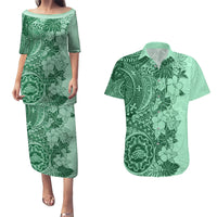 Polynesia Couples Matching Puletasi Dress and Hawaiian Shirt Hibiscus and Hawaiian Tribal Tattoo Retro Style Green Color LT9 Green - Polynesian Pride