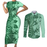 Polynesia Couples Matching Short Sleeve Bodycon Dress and Long Sleeve Button Shirt Hibiscus and Hawaiian Tribal Tattoo Retro Style Green Color LT9 Green - Polynesian Pride