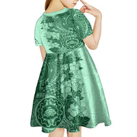 Polynesia Kid Short Sleeve Dress Hibiscus and Hawaiian Tribal Tattoo Retro Style Green Color LT9 - Polynesian Pride
