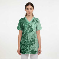 Polynesia Scrub Top Hibiscus Hawaiian Tribal Tattoo Retro Green - Polynesian Pride